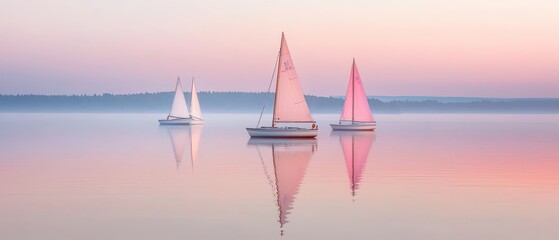 Three sailboats with pink sails glide gently on calm waters, reflecting a serene pastel sky at dawn.