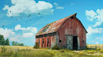 Obraz premium Whimsical Surrealist barn with distorted elements and surreal landscape