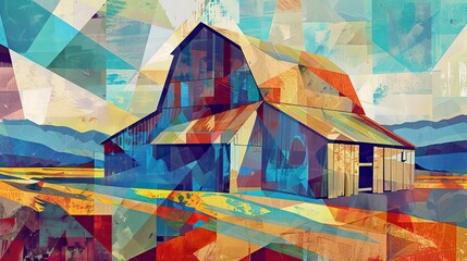 Barn scene reimagined with bold colors and geometric Cubist shapes