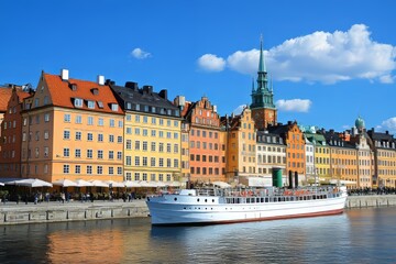 Stockholm, Sweden Picturesque Canal View, Colorful Buildings, Tourist Boat, and Sunny Blue Sky.