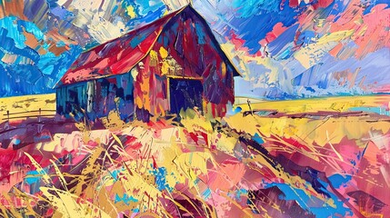 Expressive Fauvist barn scene with bright colors and spontaneous strokes