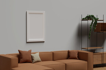 interior of living room with mock up poster frame, wooden console, flowers in vase, decorations and personal accessories