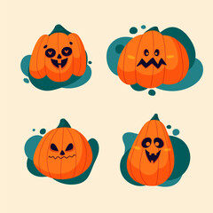 Happy Halloween set with orange pumpkin characters with different emotion on face