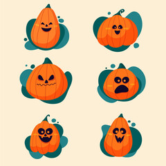 Halloween pumpkin characters set. Orange happy and scary pumpkin faces