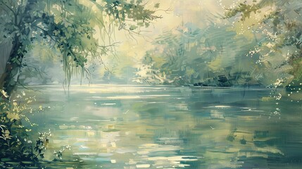 Fototapeta premium Impressionist river with soft strokes and light playing on lush riverside plants