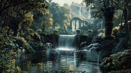 Fototapeta premium Classical Neo-Classical river with serene foliage and softly illuminated water
