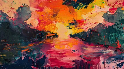 Bold Neo-Expressionist river scene with intense colors and exaggerated emotional forms
