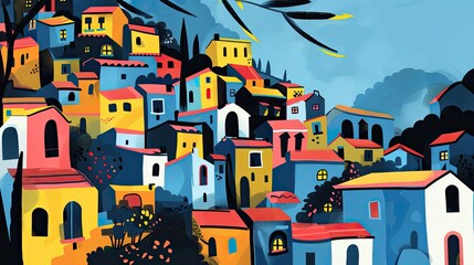 Fototapeta premium Neo-expressionist village with exaggerated forms and vibrant emotional colors