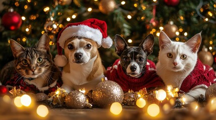 Obraz premium Festive Pet Photoshoot with Dogs and Cats in Christmas Costumes Surrounded by Lights and Decorations