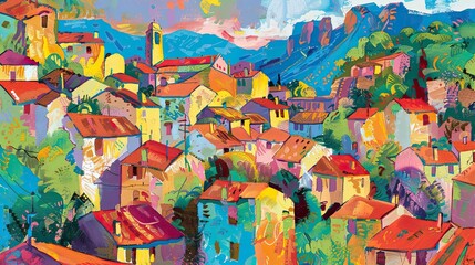 Fauvist village scene with vibrant colors and expressive spontaneous brushstrokes