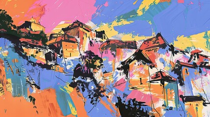 Emotionally charged village scene with raw colors and intense architecture
