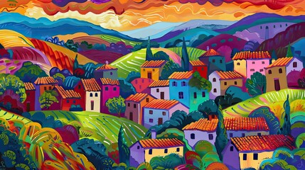Obraz premium Expressive fauvist village scene with dynamic patterns and bold color strokes