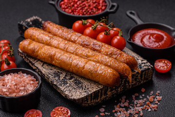 Juicy fried beef or pork sausages with salt, spices and herbs