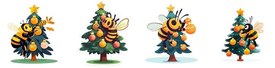 Fototapeta premium Cheerful bees decorating Christmas trees with joy, vibrant colors, and playful ornaments for a festive holiday spirit.