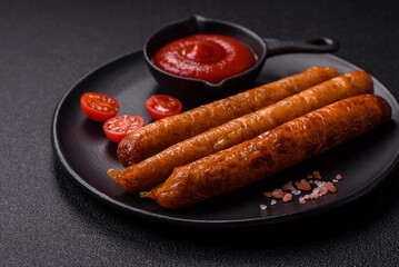 Juicy fried beef or pork sausages with salt, spices and herbs