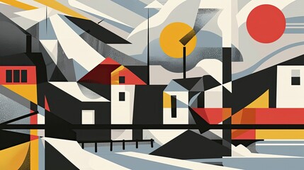 Geometrically structured coastal town with industrial lines and modernist features