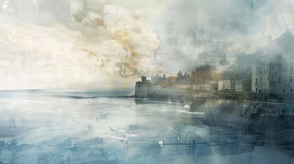 Romantic coastal town scene with ethereal lighting and a soft serene quality