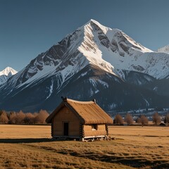 A small, quaint cabin with a thatched roof, set against a backdrop of towering, snow-capped mountains.