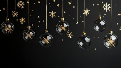 Hanging glass Christmas balls on black background with golden snowflakes .generative ai