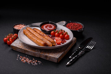 Juicy fried beef or pork sausages with salt, spices and herbs
