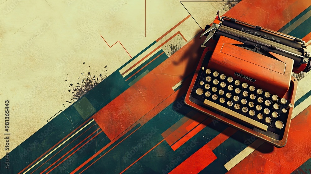 Poster Constructivist typewriter on geometrically structured desk with sharp industrial lines