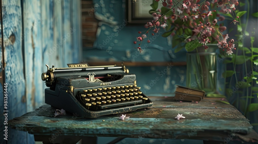 Poster symbolic scene of typewriter on rustic desk with mystical dreamlike elements