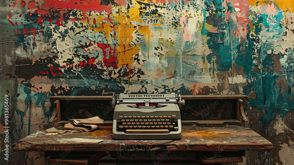 Poster neo-expressionist typewriter scene with exaggerated colors and intense brushwork