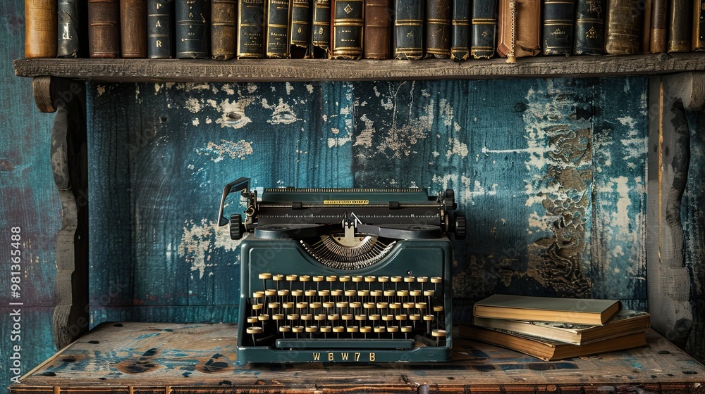 Poster absurd view of typewriter on desk with dadaist elements challenging convention