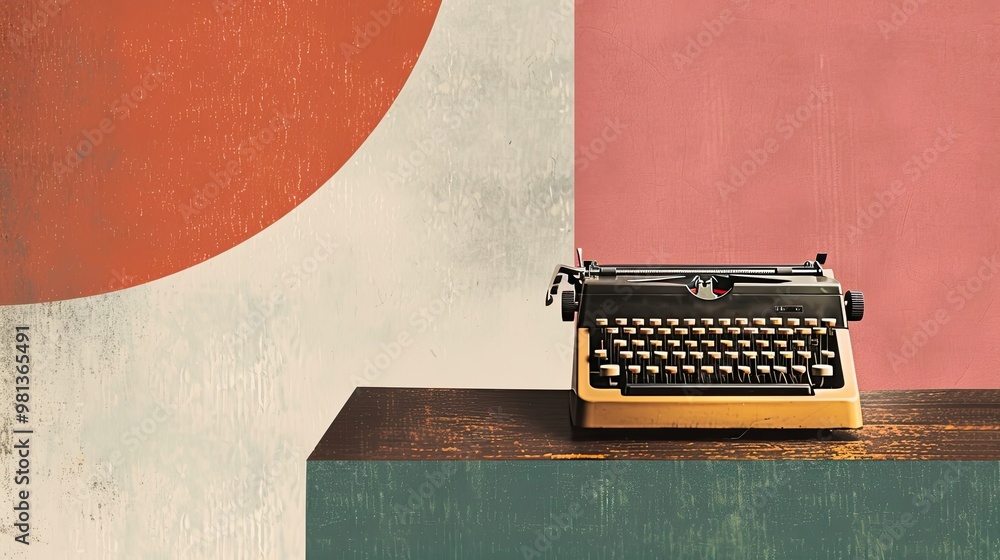 Poster simplified bauhaus design with typewriter and desk using primary colors and geometry