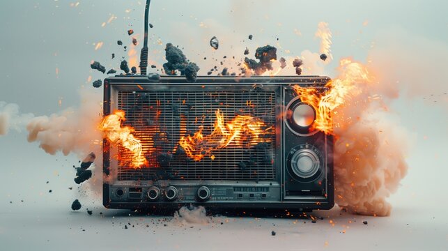 Vintage radio exploding with fire and smoke in dramatic scene.