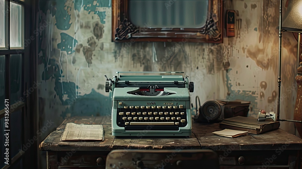 Poster lo-fi nostalgic typewriter scene on weathered desk with retro textures and muted colors