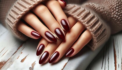 A close-up of a person’s hands with long, almond-shaped, glossy burgundy nails resting on a textured surface.

