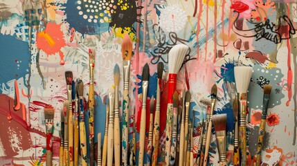 Fototapeta premium Whimsical paintbrushes in dadaist style with playful unconventional arrangements