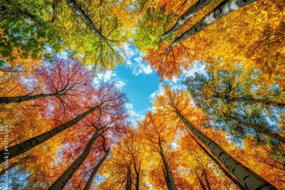 Poster a view of the sky from below, through tall trees with autumn leaves in various colors an expansive f