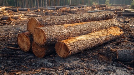 Harvested pine logs lie in a pile, their fate as firewood or timber uncertain. Deforestation, the destruction of forests, looms as a consequence of logging. 