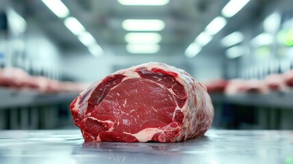 A large beef carcass being processed in a clean, modern slaughterhouse facility, beef butchering, meat industry