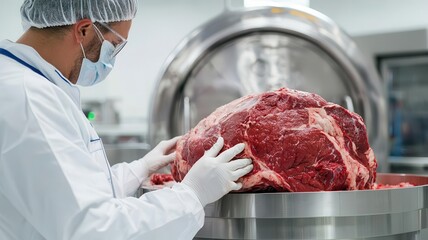 A large beef carcass being processed in a clean, modern slaughterhouse facility, beef butchering, meat industry