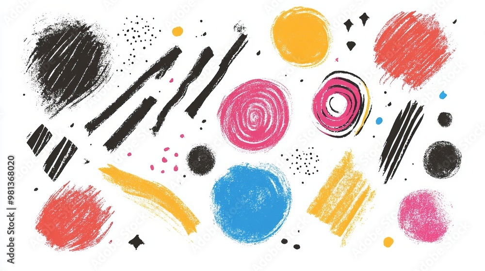 Poster colorful charcoal strokes and shapes handdrawn abstract squiggles circles and scribbles created with