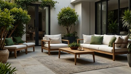 Elegant patio with green plants and stylish furniture.