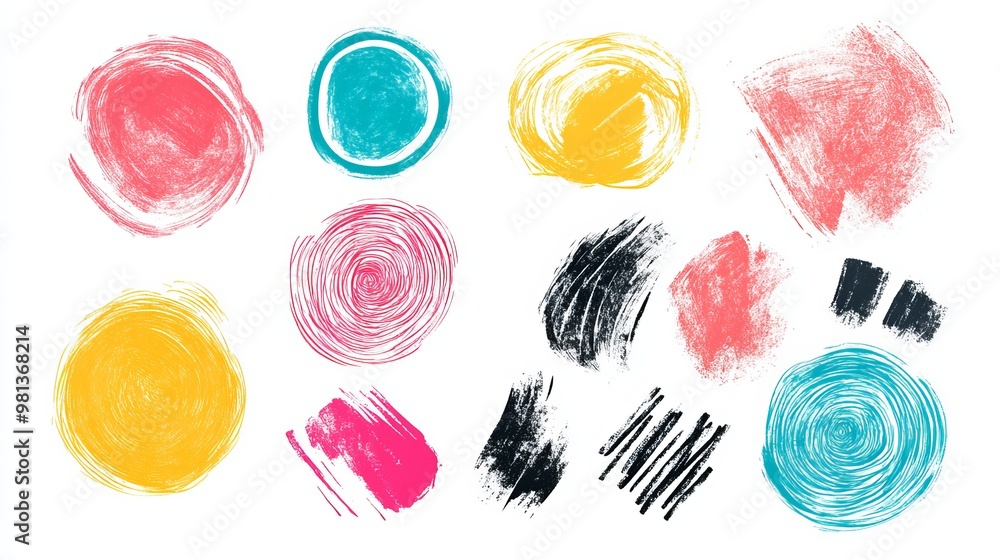 Poster colorful charcoal strokes and shapes handdrawn abstract squiggles circles and scribbles created with
