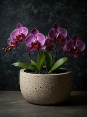 Elegant purple orchids in a textured stone planter with a dark backdrop.