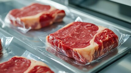 Vacuumsealed beef cuts being processed in a sterile environment, focus on packaging machines, vacuumsealed beef, meat preservation