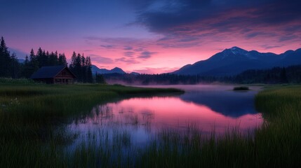 As the sun sets, a stunning blend of colors paints the sky over a peaceful mountain lake, surrounded by lush greenery and distant peaks, creating a magical, serene atmosphere