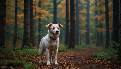 Autumn Path with Dog in Forest