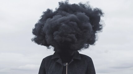 A figure dressed in dark clothing stands in an open area, with a surreal cloud of black smoke replacing their head, creating a striking contrast against the gray sky