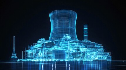 5w A digital art rendering of the nuclear power plant with blue glowing accents, showcasing energy production and technology elements in a wireframe