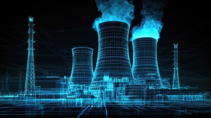 5w A digital art rendering of the nuclear power plant with blue glowing accents, showcasing energy production and technology elements in a wireframe
