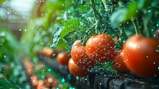 Red Ripe Tomatoes Growing on Vine with Digital Network Overlay - Powered by Adobe