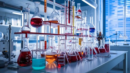 A collection of laboratory flasks and a beaker with colored liquids for scientific experiments in a lab setting.