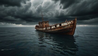 Abandoned Ship in Stormy Seas